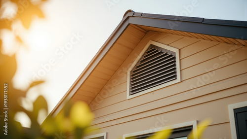 Modern house roof attic vent sunlight exterior wall residential building architecture ventilation energy efficient peaceful suburban