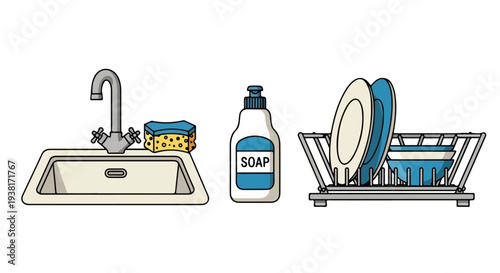 Illustration of a kitchen sink with soap, sponge, and dish rack with plates and bowls on a white background.