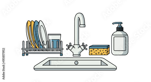 Illustration of a kitchen sink with a dish rack, sponge, and soap dispenser on a white background.