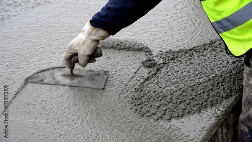 Construction worker smoothing wet concrete with a trowel on a building site.