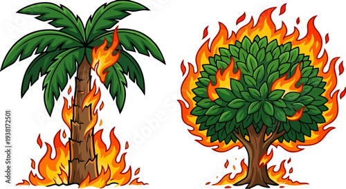 Burning Trees Vector Set: Palm Tree and Leafy Tree Engulfed in Flames, Isolated