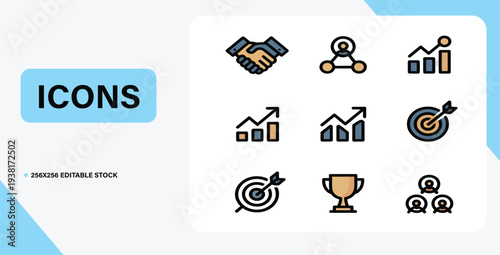Iconic Business Elements: A clean and modern collection of business icons representing key concepts and symbols for presentations and designs.
