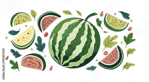 Colorful rustic harvest set 1, modern botanical watermelon vector for summer design, Hand drawn folk art flat doodle melon set with whole fruit and sliced wedges, seed, rind, leaf farmhouse style