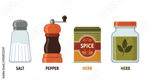 Flat lay of salt shaker, pepper mill, spice tin, and herb jar on a white background with labeled seasonings.