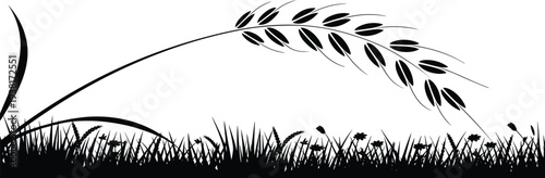 Black Wheat Ear Silhouette and Grass Meadow Vector Illustration Featuring Organic Grain Stalk and Wildflowers Isolated on a White Background