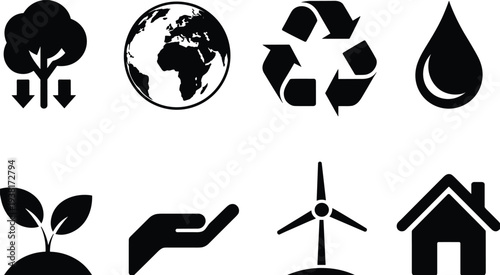 Eco-friendly icons set with tree, globe, recycling, water droplet, plant, hand care, wind turbine, sustainable house, environmental awareness design