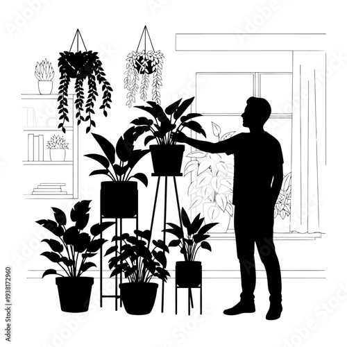 A man tends to his collection of potted plants in a modern room