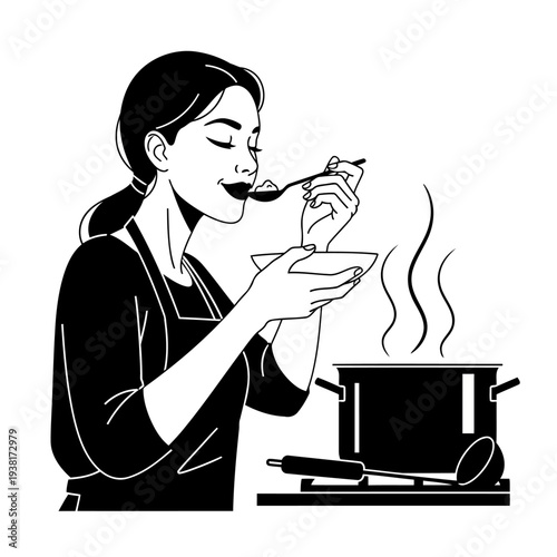 A woman enjoying a meal from a steaming hot pot in the kitchen