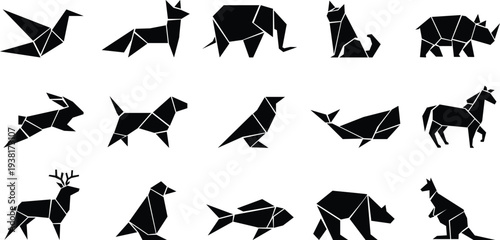 Origami animal silhouette set, Geometric paper fold wildlife collection, Polygonal animal icon pack