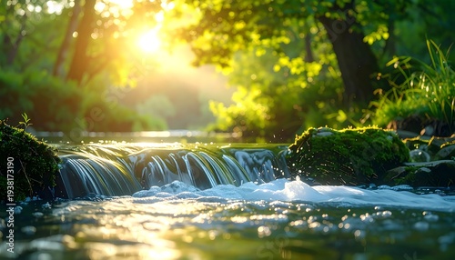 Sunny forest stream cascades over rocks, creating a small waterfall, enveloped in warm, hazy light