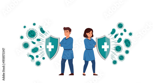 Illustration of a male and female healthcare worker standing back to back with shields and white crosses, surrounded by green virus particles on a white background.