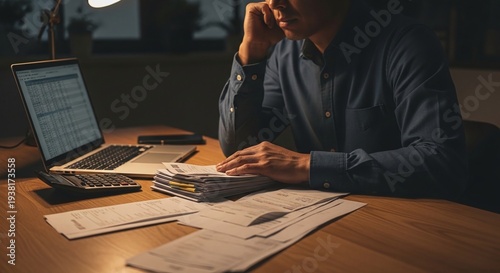 Stressed Small Business Owner Reviewing Bills and Invoices at Night Office Desk