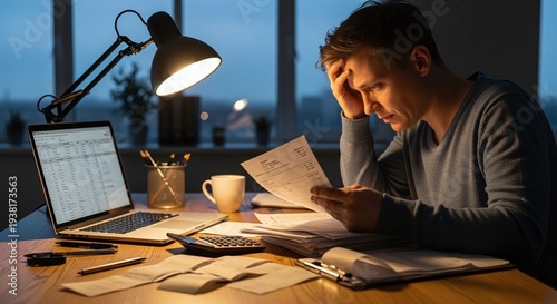 Stressed Small Business Owner Reviewing Bills and Invoices at Night Office Desk