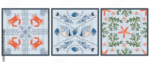 Marine print, square banner, marine life square composition, hello summer
