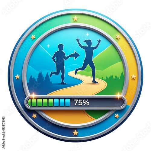 Fitness progress achievement badge isolated on dark background workout motivation health success symbol for sport branding design