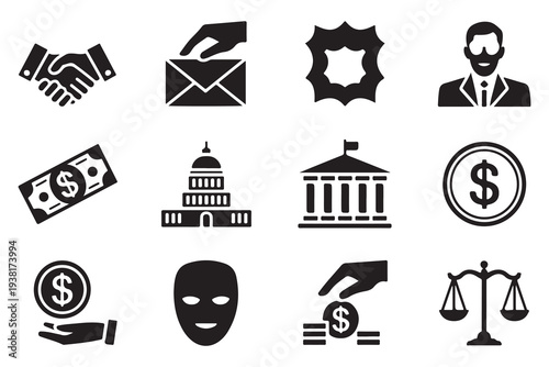 Political Ethics and Corruption Icon Collection with Money and Justice Symbols
