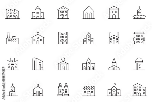 Public building and industrial facility line icons including schools, factories, and community centers