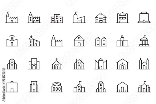 Religious building line icons set featuring churches, cathedrals, chapels and spiritual architecture symbols