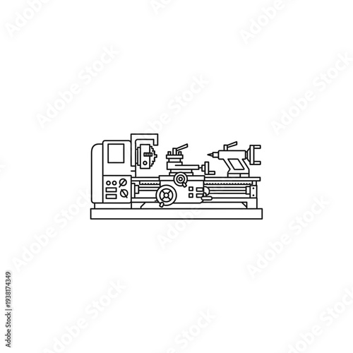Lathe machine illustration icon, industrial manufacturing and metalworking symbo