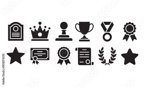 Achievement and award icons including trophy crown medal certificate and star rating signs