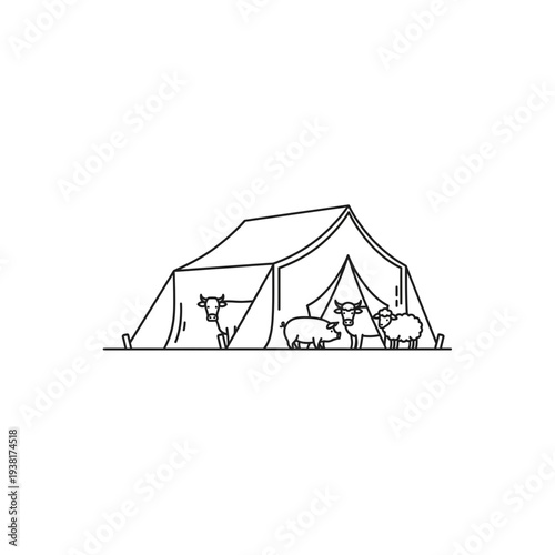 Tent and Sheep Illustration: Camping and Livestock Outline