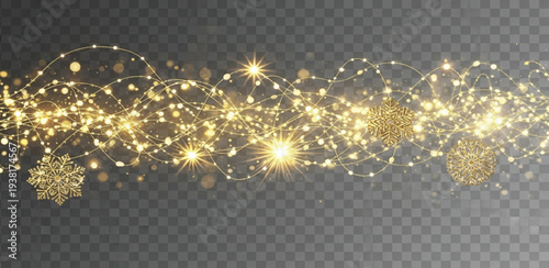 Golden Christmas lights glowing on a snowy holiday background with sparkling stars, glitter, and bokeh creating a bright winter celebration design