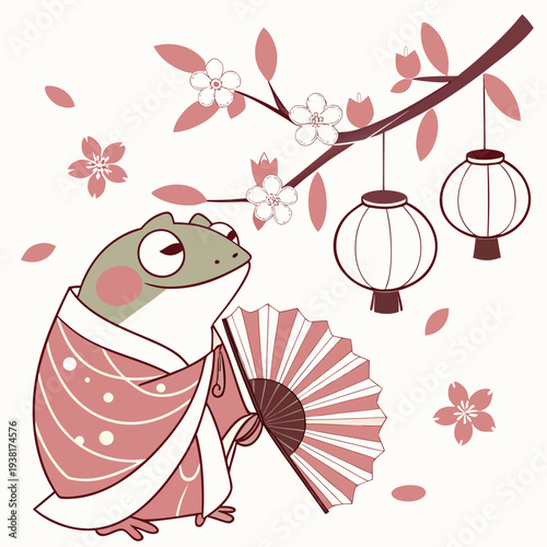 Shy Frog with wrapped in fairy lights, set in a charming Cherry Blossom Festival theme – Sakura Breeze color vector art