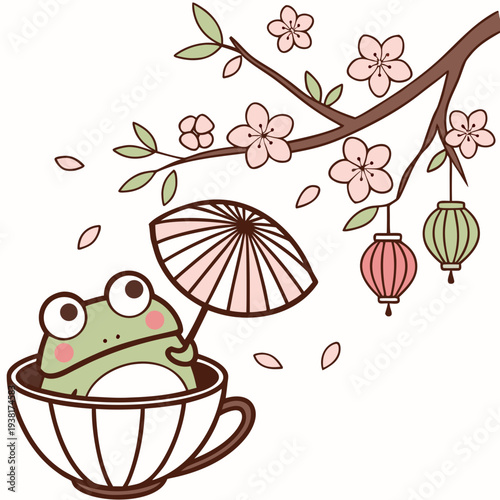 Bashful expression on a Frog in a Cherry Blossom Festival theme, with in a teacup – Sakura Breeze vector art