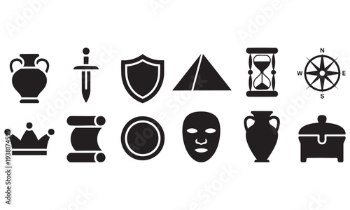 Ancient symbols and historical objects collection vector icons for various design themes