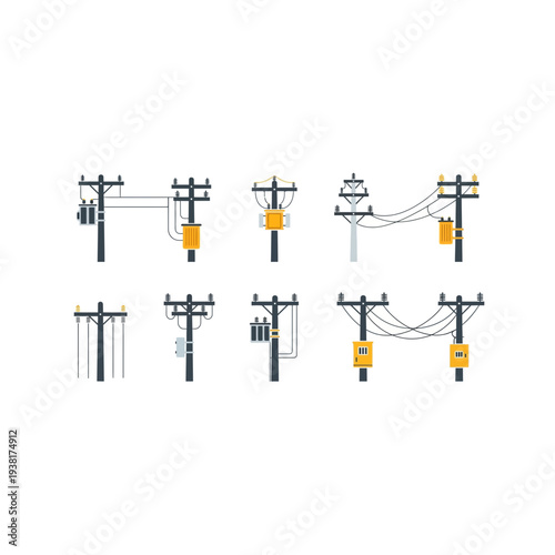 Set of Electricity Poles and Power Lines with Transformers and Insulators
