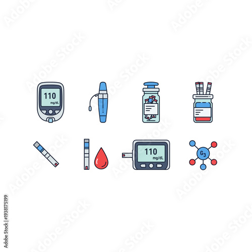 Diabetes Management Devices - Glucometers & Insulin Pens Icon Set