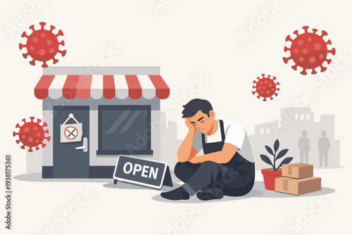 Sad Small Business Owner Sitting Outside Closed Shop Due to Coronavirus Pandemic Impact, Depressed Entrepreneur Facing Bankruptcy and Economic Crisis During COVID-19 Lockdown and Quarantine