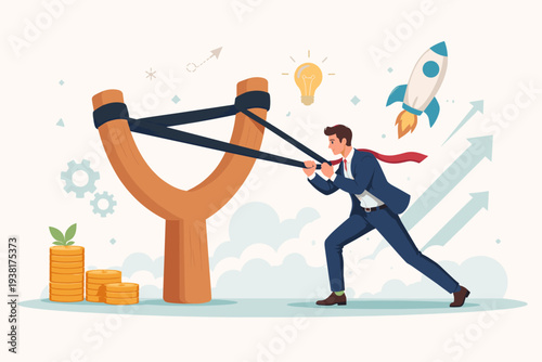 Businessman Pulling Giant Slingshot to Launch Career Success, Entrepreneur Starting New Project with Innovation and Investment, Rocket Ship Taking Off for Business Growth and Strategic Development