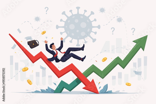 Businessman falling from a red downward arrow representing financial crisis and stock market crash due to Coronavirus pandemic, with a green upward arrow showing recovery and market uncertainty.