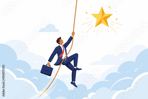 Businessman climbing a rope towards a shining golden star in the sky above clouds, concept of effort to achieve goal, success, ambition, career growth, courage, risk taking, motivation and leadership