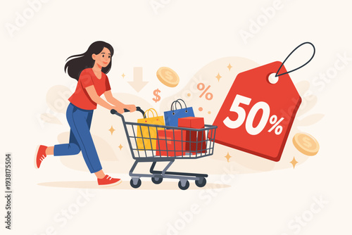 Happy Woman Running with Shopping Cart Full of Bags and Boxes Towards a Huge Fifty Percent Discount Tag, Vector Illustration for Retail Sales, Online Shopping Promotion, and Bargain Marketing