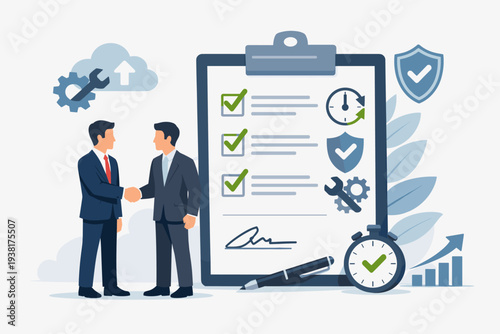 Service Level Agreement SLA Concept with Businessmen Shaking Hands over Signed Contract Checklist, Commitment for Uptime, Support, and Quality Assurance in Professional Partnership Illustration.