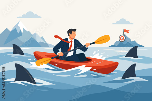Determined Businessman in Suit Kayaking Through Shark Infested Waters Towards a Target Goal, Concept of Business Risk, Overcoming Challenges, Entrepreneurship, Bravery, and Success in Crisis.