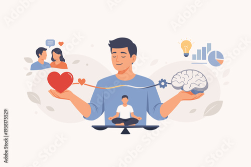 Emotional Intelligence Concept with Man Balancing Heart and Brain for Logic and Emotion Control, Mindfulness Meditation for Mental Health, Empathy, Social Skills, and Self Awareness Illustration.