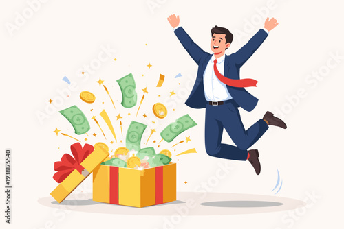Happy businessman jumping for joy as money bills and gold coins explode from a gift box, representing financial success, bonus reward, salary raise, investment profit, and wealth achievement.