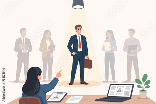 HR Human Resources Recruiter Choosing Best Candidate or Hiring Manager Selecting Winner. Spotlight on Professional Man Among Other Job Applicants for Employment. Talent Acquisition Vector Concept.