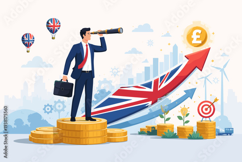 Businessman Looking Through Telescope at Growing UK Economy with Union Jack Arrow and Pound Sterling Symbol, Representing British Investment Opportunity, Financial Vision, and Market Growth