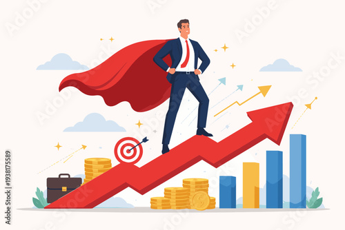 Successful Businessman Superhero Standing on Rising Growth Arrow with Red Cape, Achievement of Career Goals, Financial Profit Growth, Leadership and Professional Success Concept Illustration.