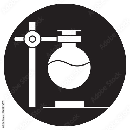 Round Bottom Flask on Stand Icon, Laboratory Flask on Stand, Chemistry Lab Glassware Illustration, Scientific Reaction Vessael Graphic, Experimental Flask Setup Design, Lab Apparatus Artwork, vector