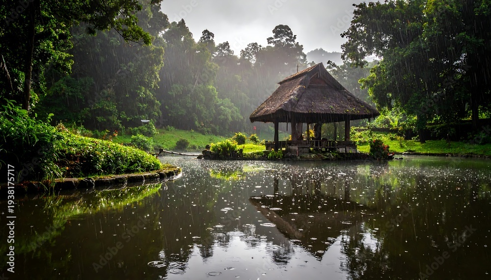 Obraz premium Thatched hut on an island in a lake amidst dense jungle under an overcast, rainy sky