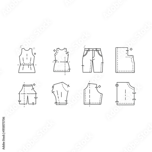 Sewing Pattern Outline Icons Set. Garment Construction Sketch Collection