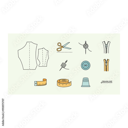 Sewing and Tailoring Craft Tools Line Art Icons with Color Accents