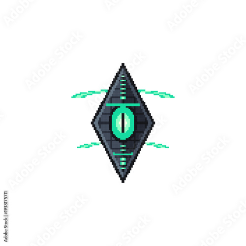 Mysterious alien monolith object floating in the cosmic void with glowing runes, detailed pixel art vector for space mystery, astronomical science and galaxy themes.