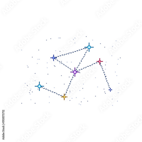 Night sky constellation stars connected by lines in a professional pixel art style for space maps, detailed astronomical vector star chart for galaxy and universe exploration sets.