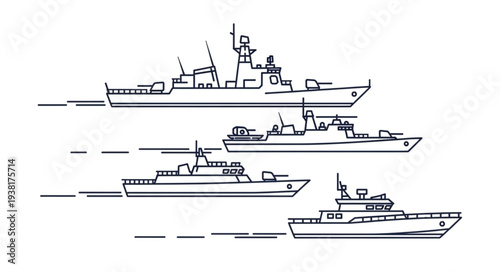 Naval Ships Line Drawing Illustration.